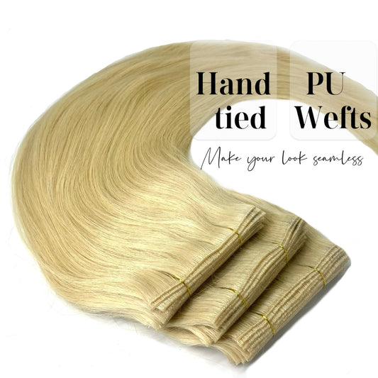 Double Drawn  European Virgin Human Hair Handtied PU Weft